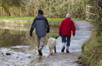 photograph of a man, woman and dog walking along a path in the countryside